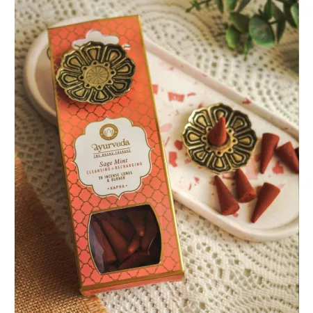 Song of India Szałwia i mięta (Terapia Doszy - Kapha Dosza) - kadzidła stożkowe w zestawie z podstawką